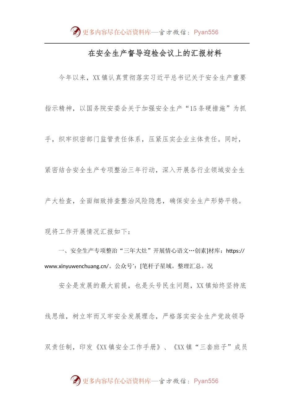 在安全生产督导迎检会议上的汇报材料.docx_第1页