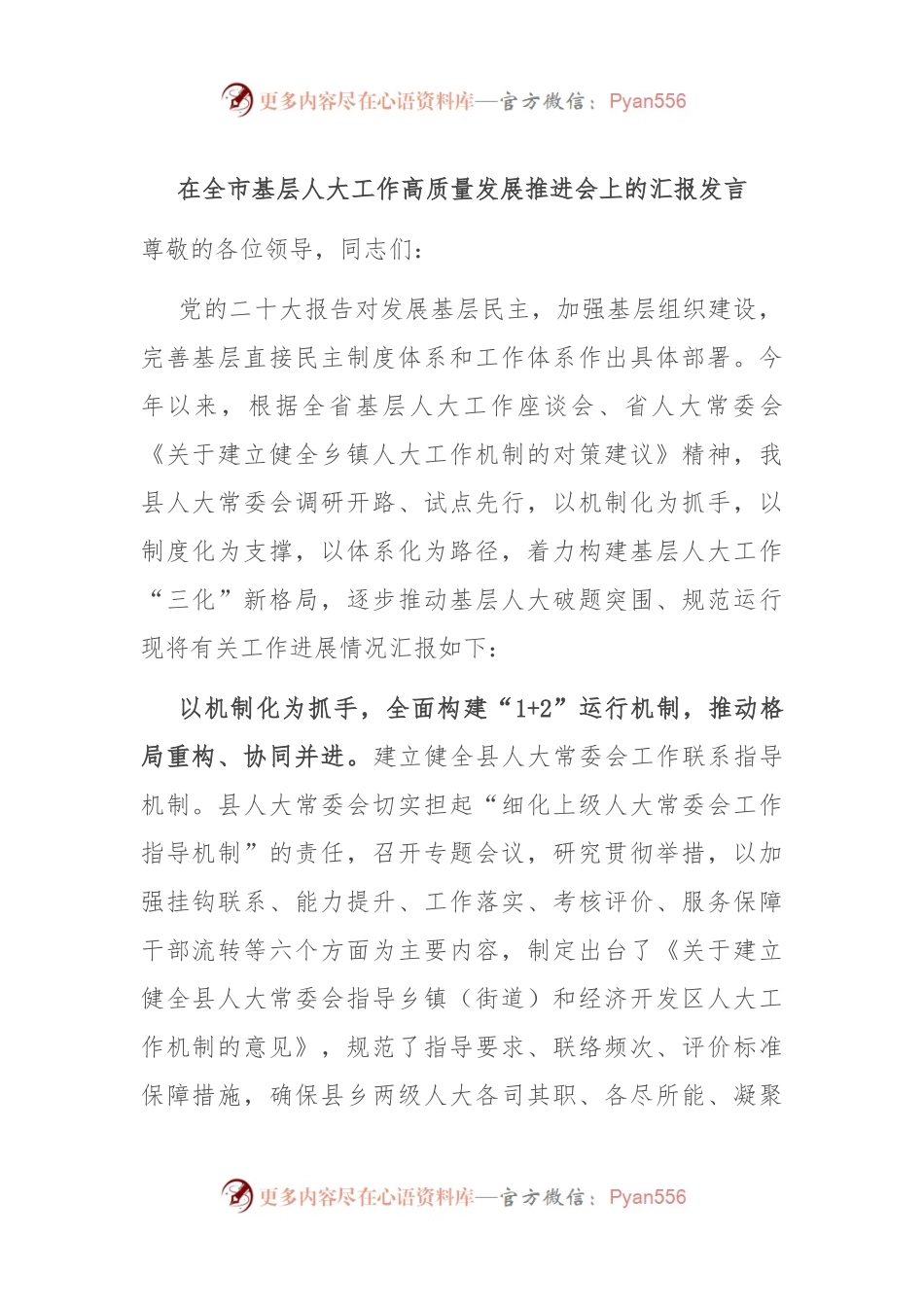 在全市基层人大工作高质量发展推进会上的汇报发言.docx_第1页
