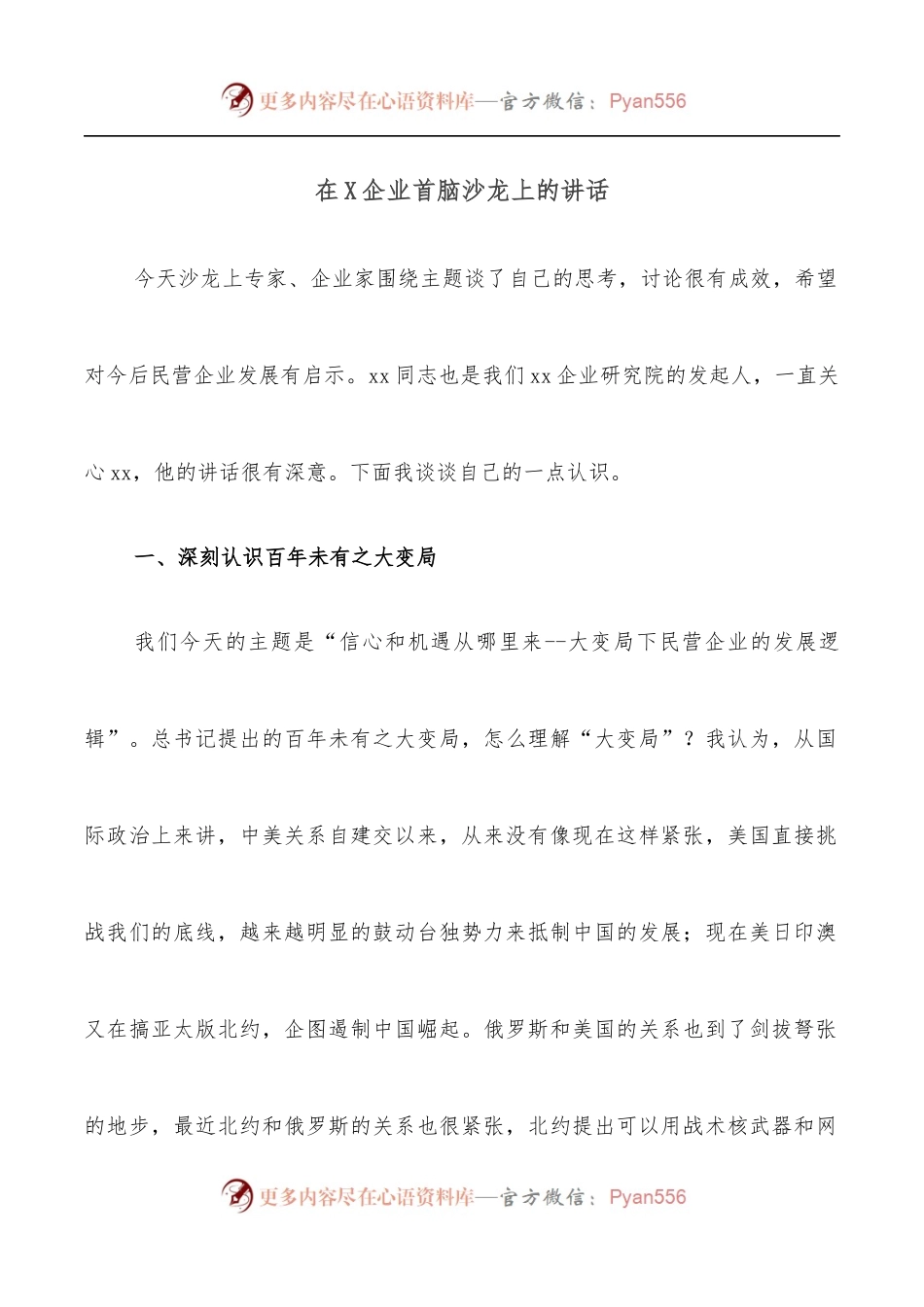 在X企业首脑沙龙上的讲话.docx_第1页