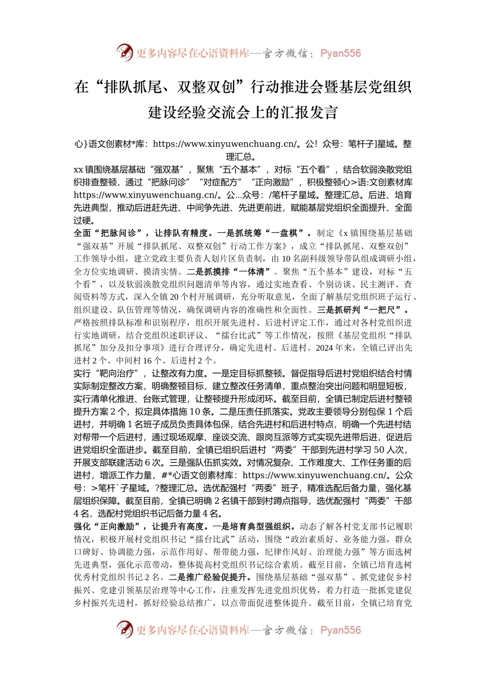 在“排队抓尾、双整双创”行动推进会暨基层党组织建设经验交流会上的汇报发言.docx_第1页