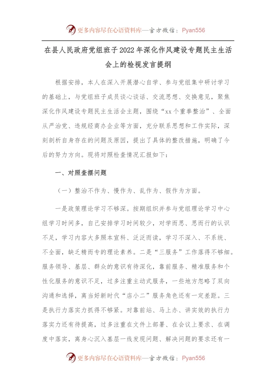 在县人民政府党组班子2022年深化作风建设专题民主生活会上的检视发言提纲.docx_第1页