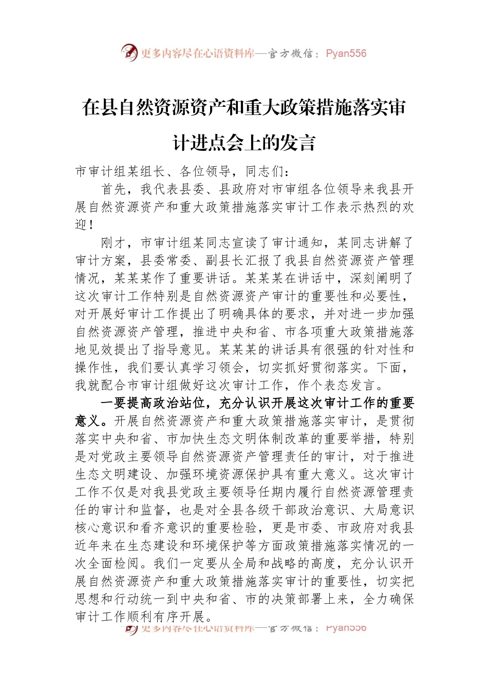 在县自然资源资产和重大政策措施落实审计进点会上的发言.docx_第1页