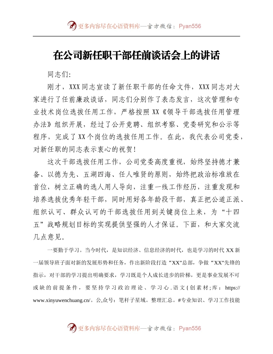 在公司新任职干部任前谈话会上的讲话.docx_第1页
