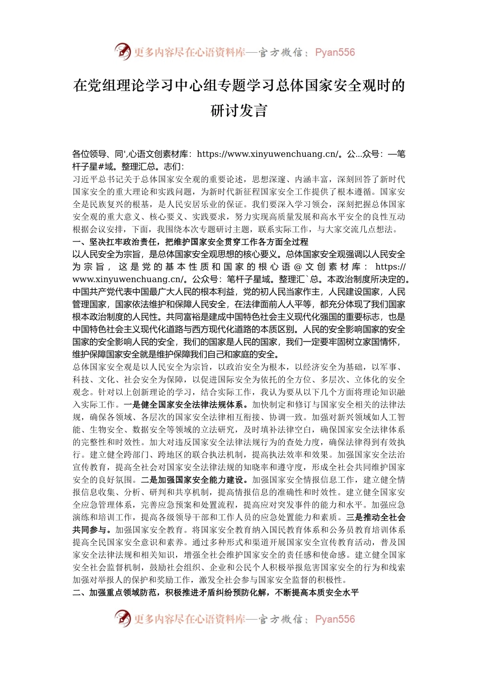 在党组理论学习中心组专题学习总体国家安全观时的研讨发言.docx_第1页