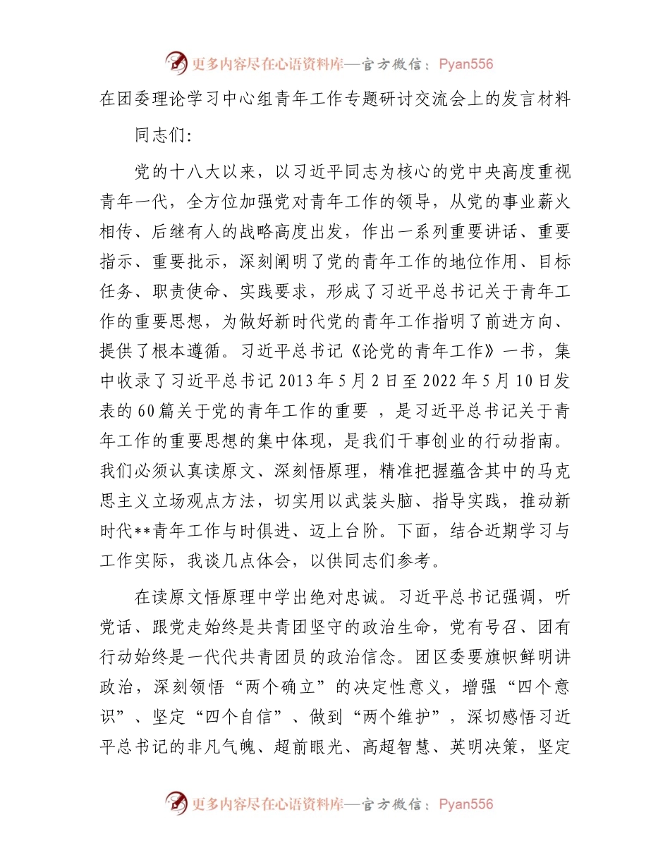 在团委理论学习中心组青年工作专题研讨交流会上的发言材料.docx_第1页