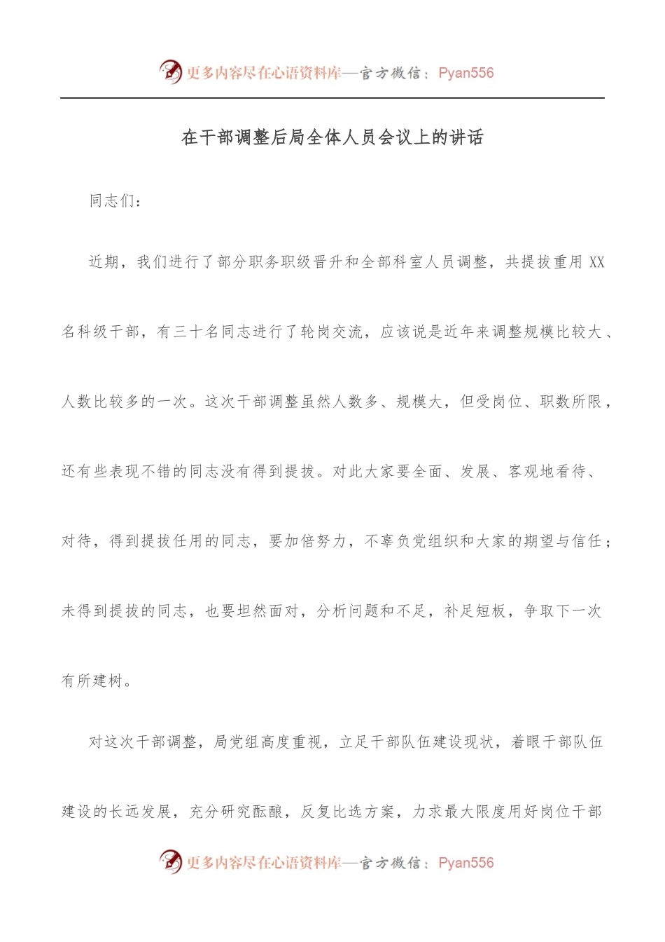在干部调整后局全体人员会议上的讲话.docx_第1页