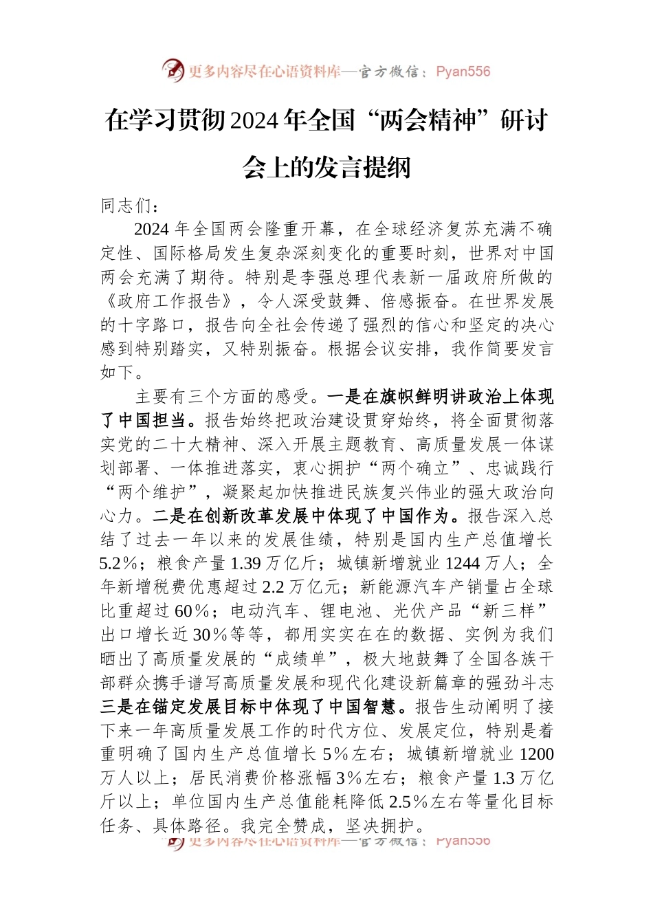 在学习贯彻2024年全国“两会精神”研讨会上的发言稿提纲.docx_第1页