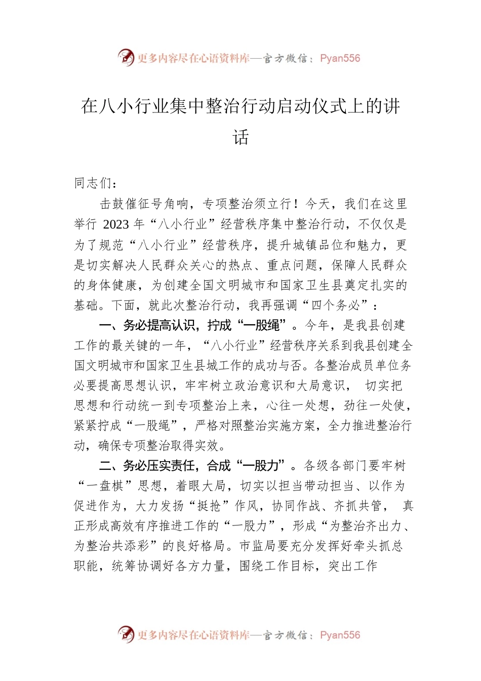 在八小行业集中整治行动启动仪式上的讲话.docx_第1页