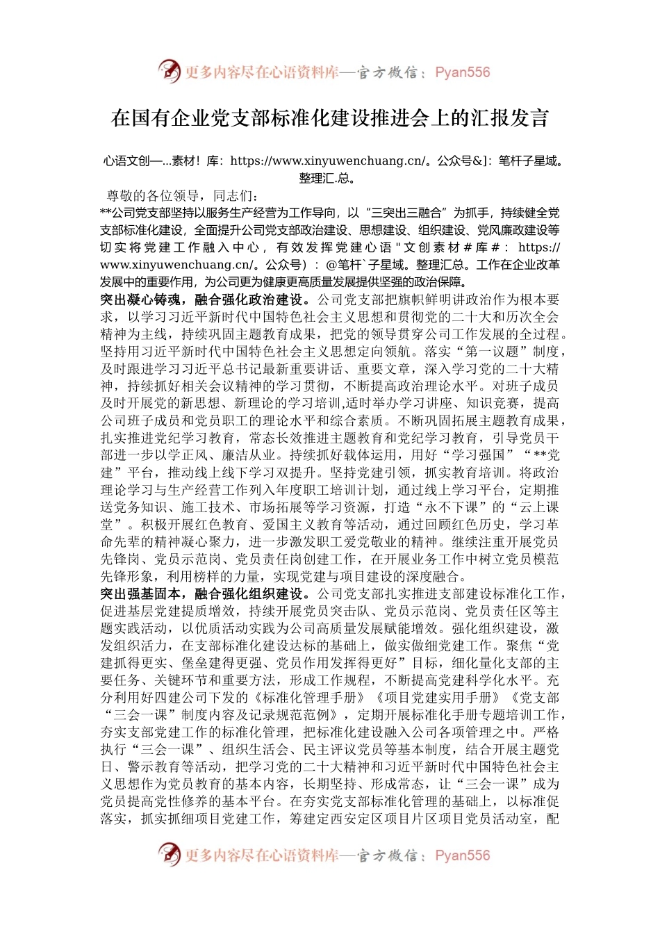 在国有企业党支部标准化建设推进会上的汇报发言.docx_第1页