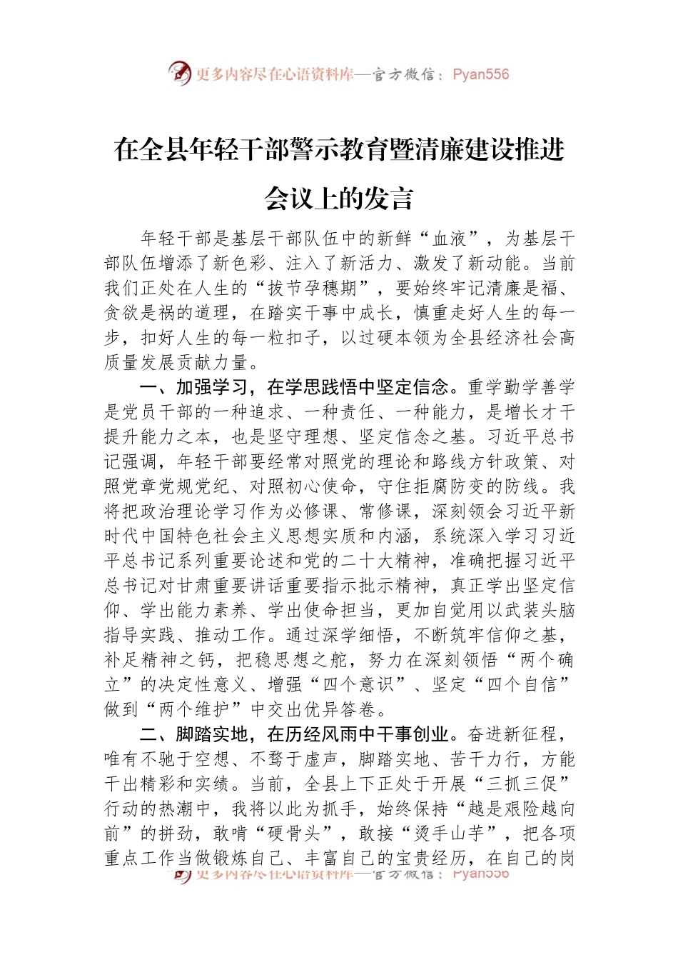 在全县年轻干部警示教育暨清廉建设推进会议上的发言.docx_第1页