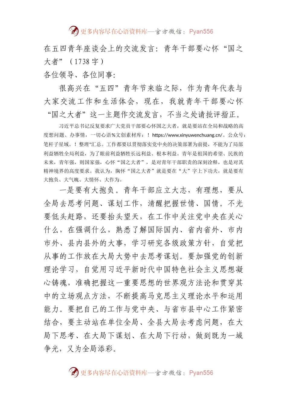 在五四青年座谈会上的交流发言：青年干部要心怀“国之大者”（1738字）.docx_第1页