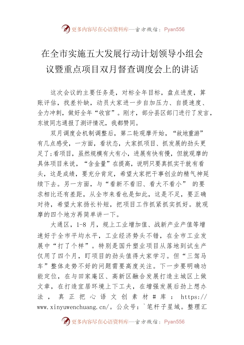 在全市实施五大发展行动计划领导小组会议暨重点项目双月督查调度会上的讲话.docx_第1页