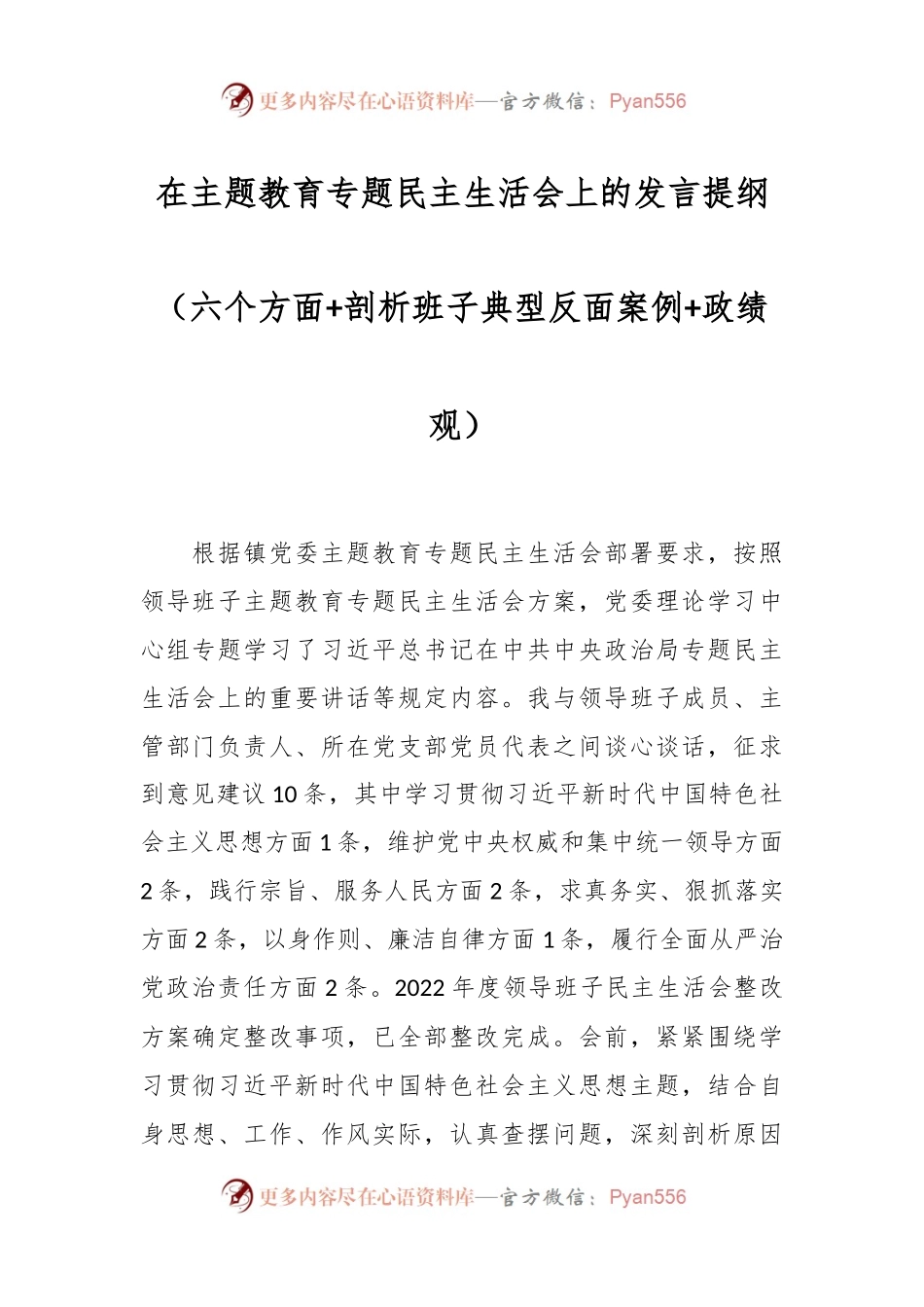 在主题教育专题民主生活会上的发言稿提纲（六个方面+剖析班子典型反面案例+政绩观）.docx_第1页