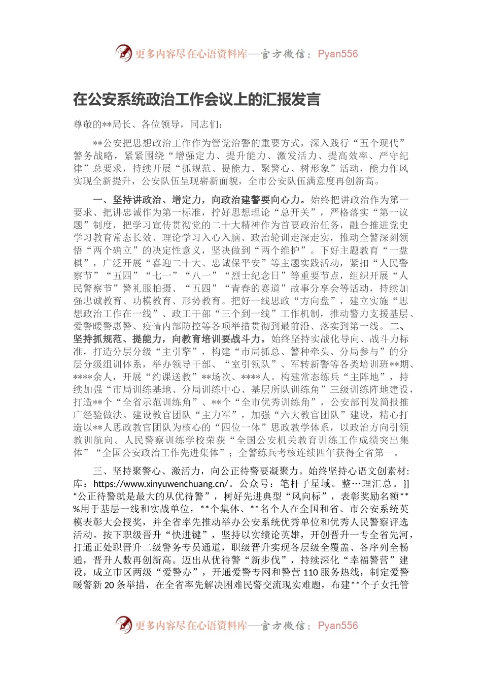 在公安系统政治工作会议上的汇报发言.docx_第1页