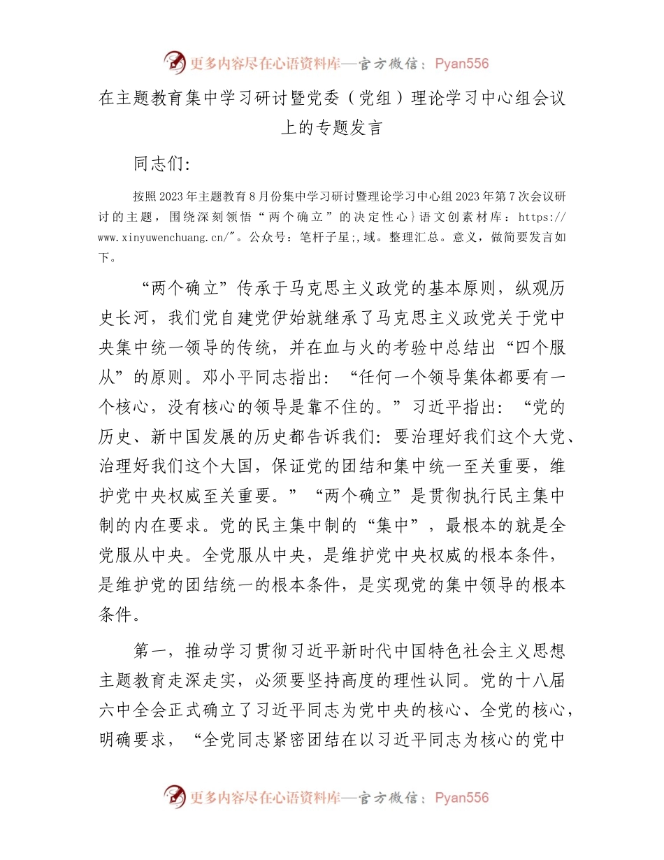 在主题教育集中学习研讨暨党委（党组）理论学习中心组会议上的专题发言.docx_第1页