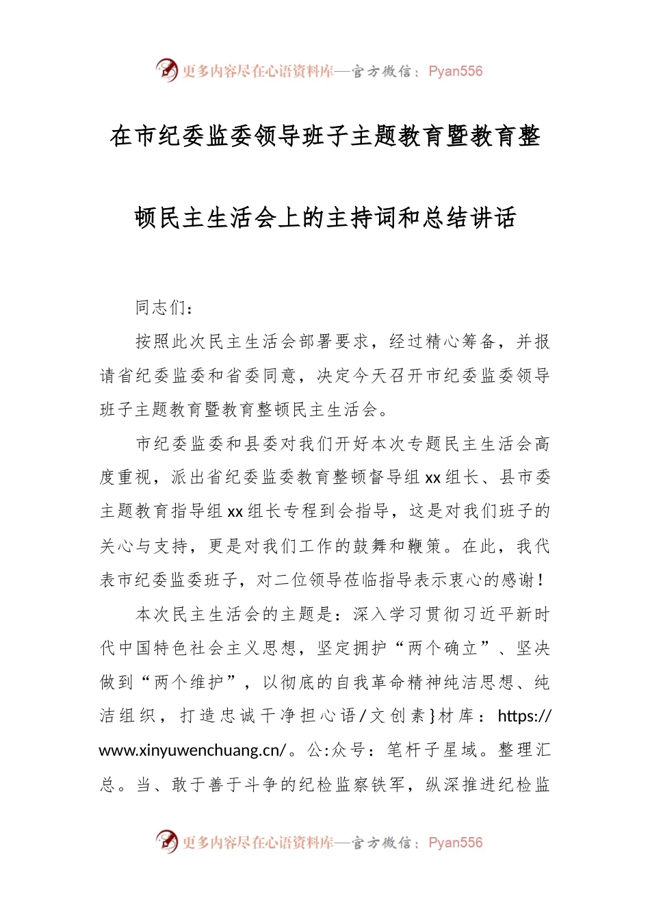 在市纪委监委领导班子主题教育暨教育整顿民主生活会上的主持词和总结讲话稿.docx_第1页