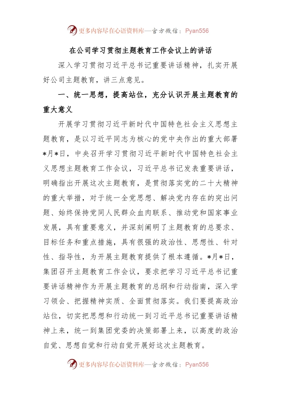 在公司学习贯彻主题教育工作会议上的讲话（二）.docx_第1页