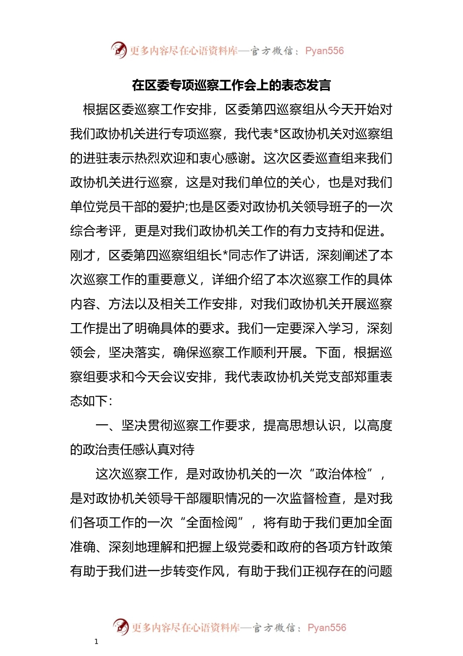 在专项巡察工作会上的表态发言.docx_第1页