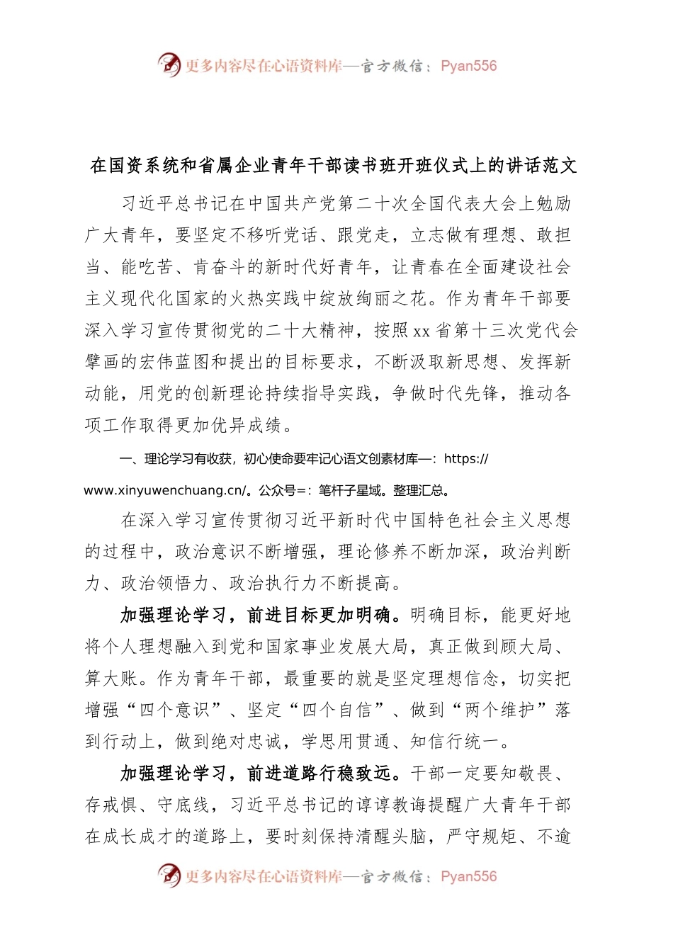 在国资系统和省属企业青年干部读书班开班仪式上的讲话公司.docx_第1页