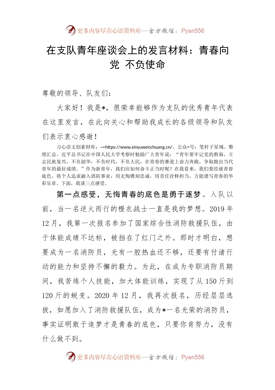 在支队青年座谈会上的发言材料：青春向党 不负使命.docx_第1页