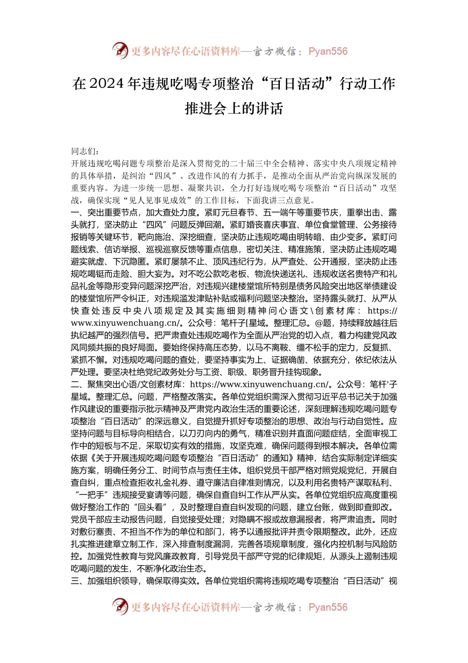 在2024年违规吃喝专项整治“百日活动”行动工作推进会上的讲话.docx_第1页