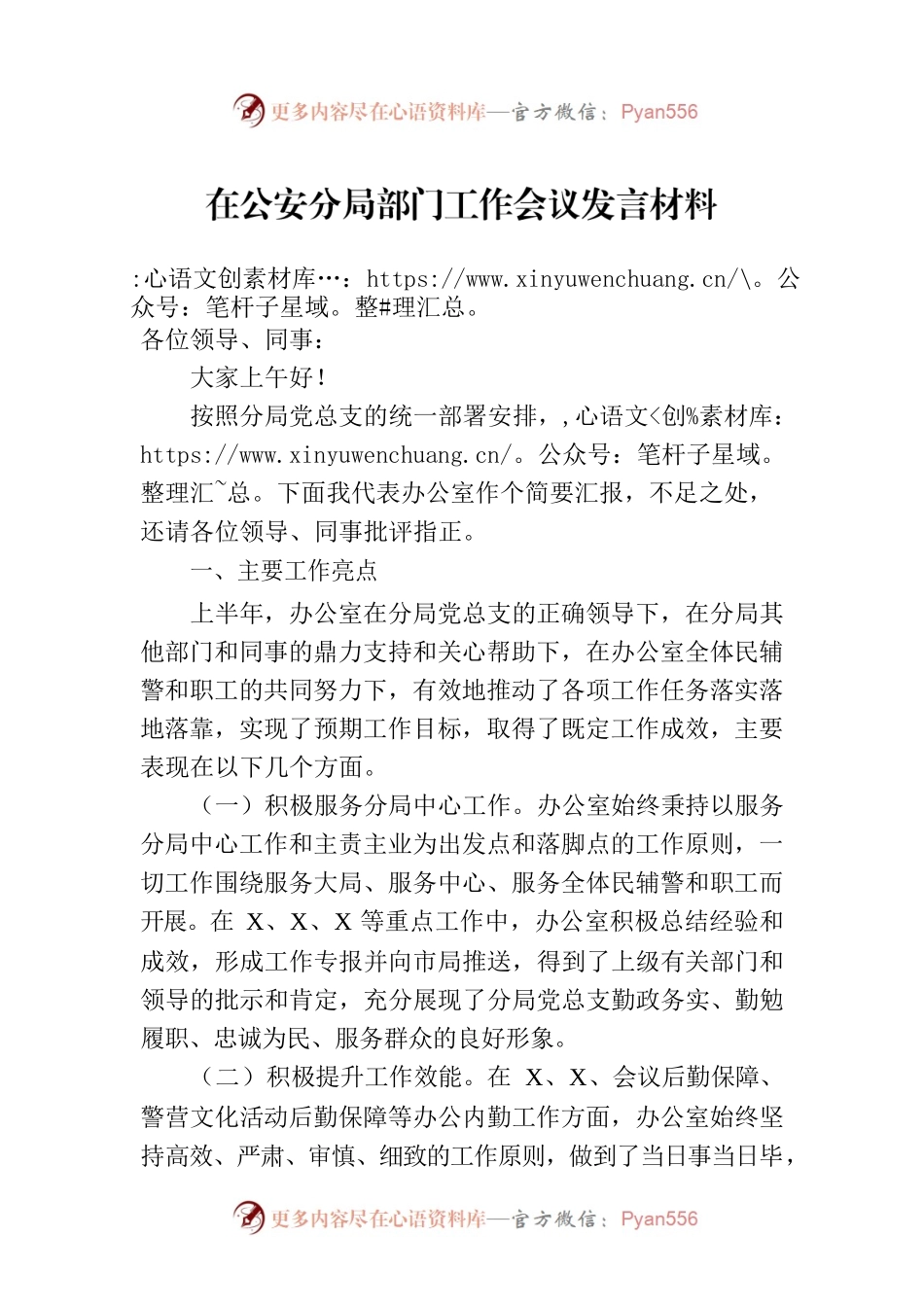 在公安分局部门工作会议发言材料.docx_第1页