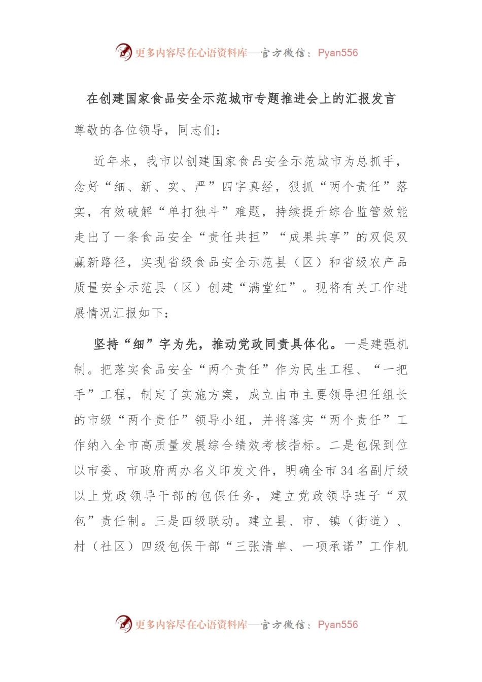 在创建国家食品安全示范城市专题推进会上的汇报发言.docx_第1页
