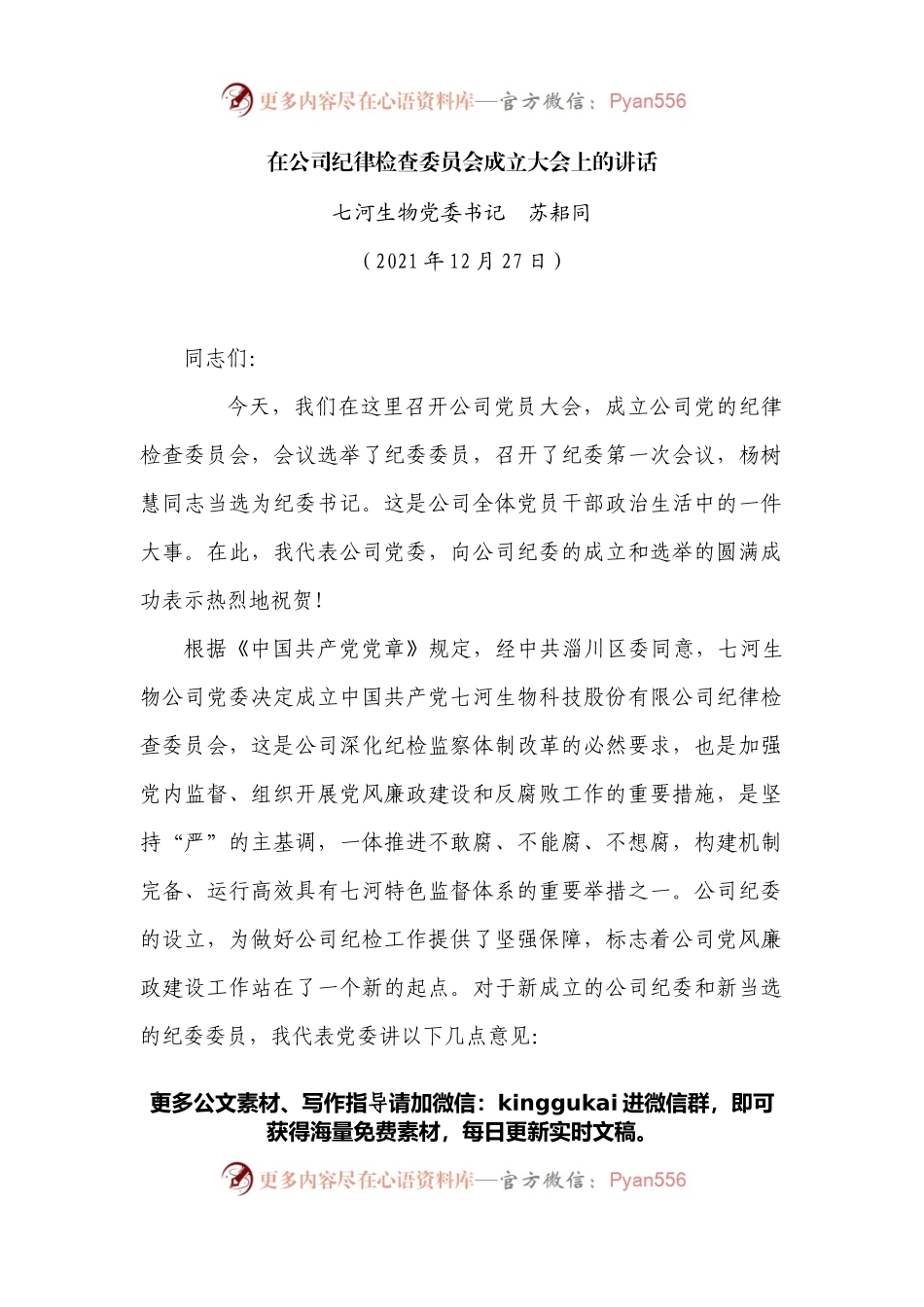 在公司纪律检查委员会成立大会上的讲话.docx_第1页