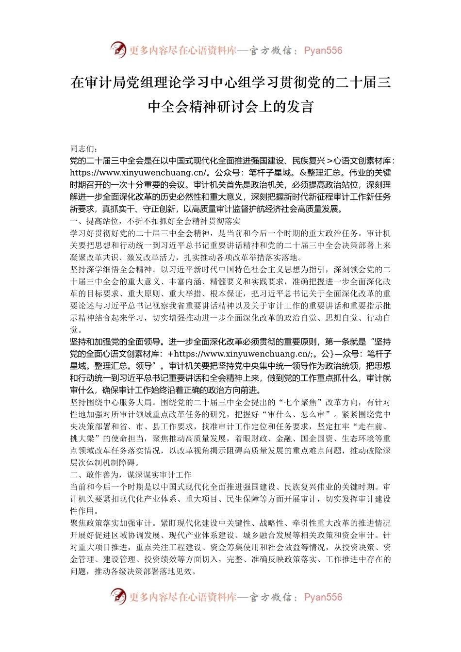 在审计局党组理论学习中心组学习贯彻党的二十届三中全会精神研讨会上的发言.docx_第1页