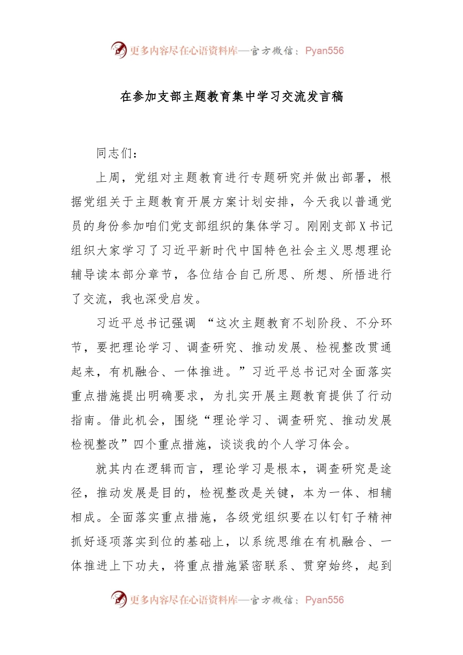 在参加支部主题教育集中学习交流发言稿.docx_第1页