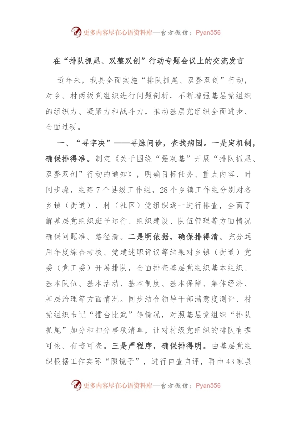 在“排队抓尾、双整双创”行动专题会议上的交流发言.docx_第1页