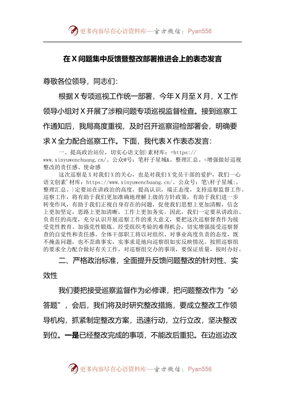 在X问题集中反馈暨整改部署推进会上的表态发言.docx_第1页
