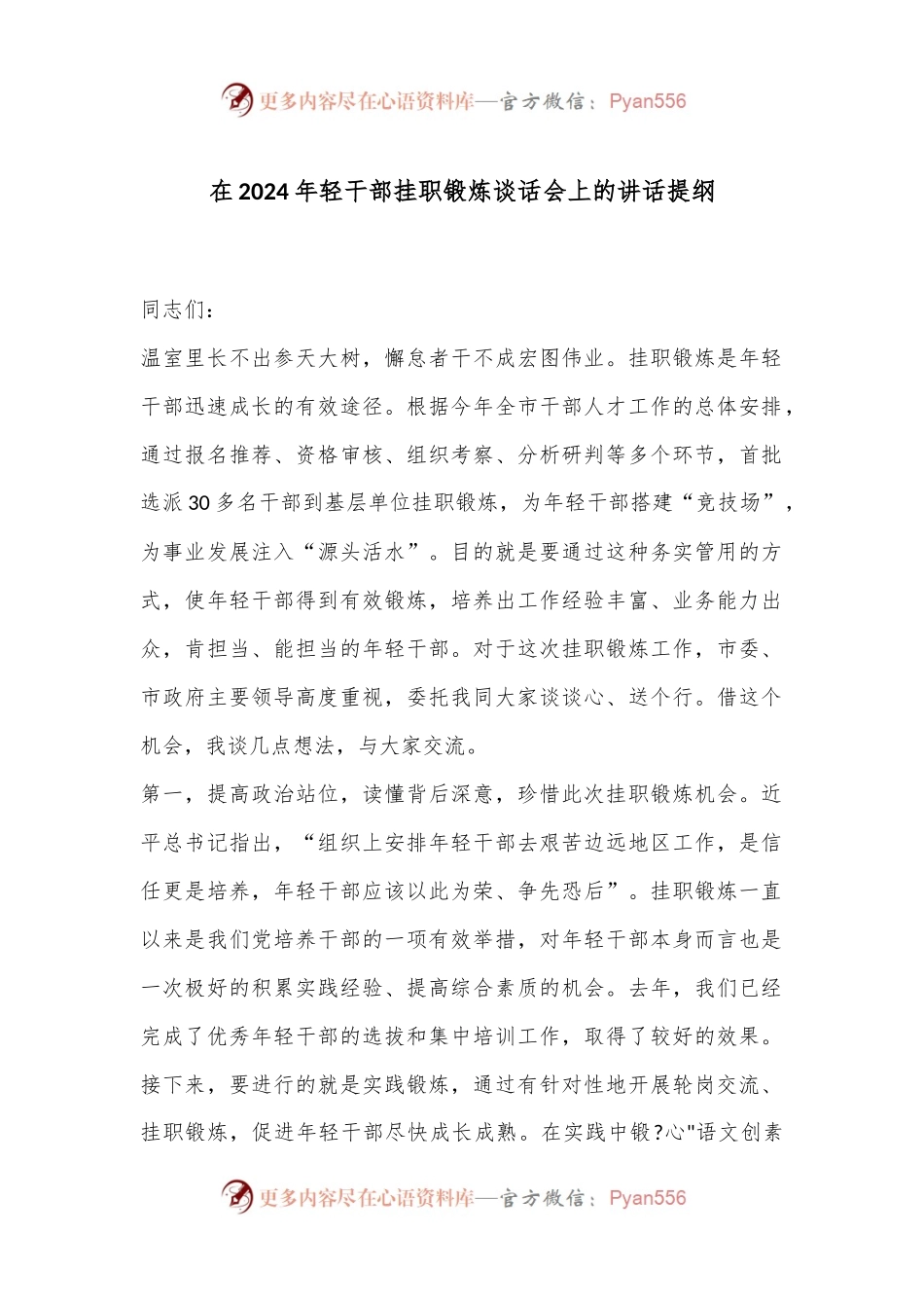 在2024年轻干部挂职锻炼谈话会上的讲话提纲.docx_第1页