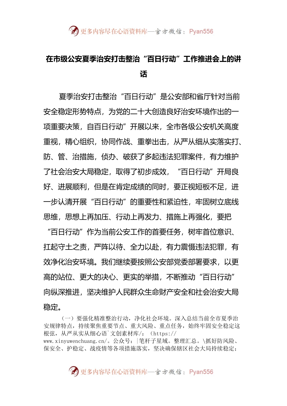 在市级公安夏季治安打击整治“百日行动”工作推进会上的讲话.docx_第1页