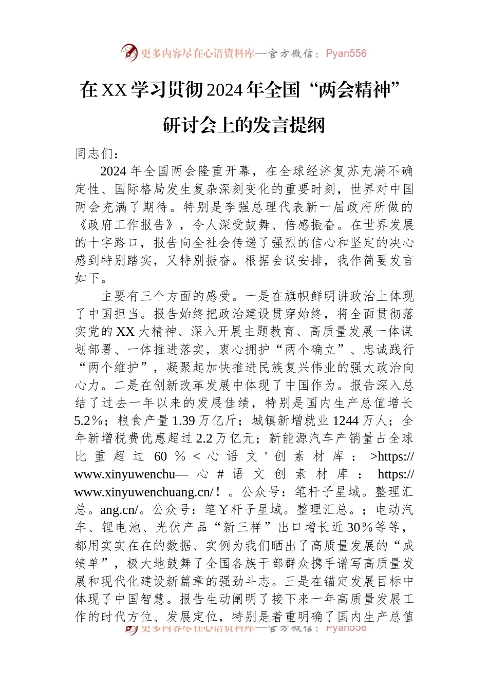 在XX学习贯彻2024年全国“两会精神”研讨会上的发言稿提纲.docx_第1页