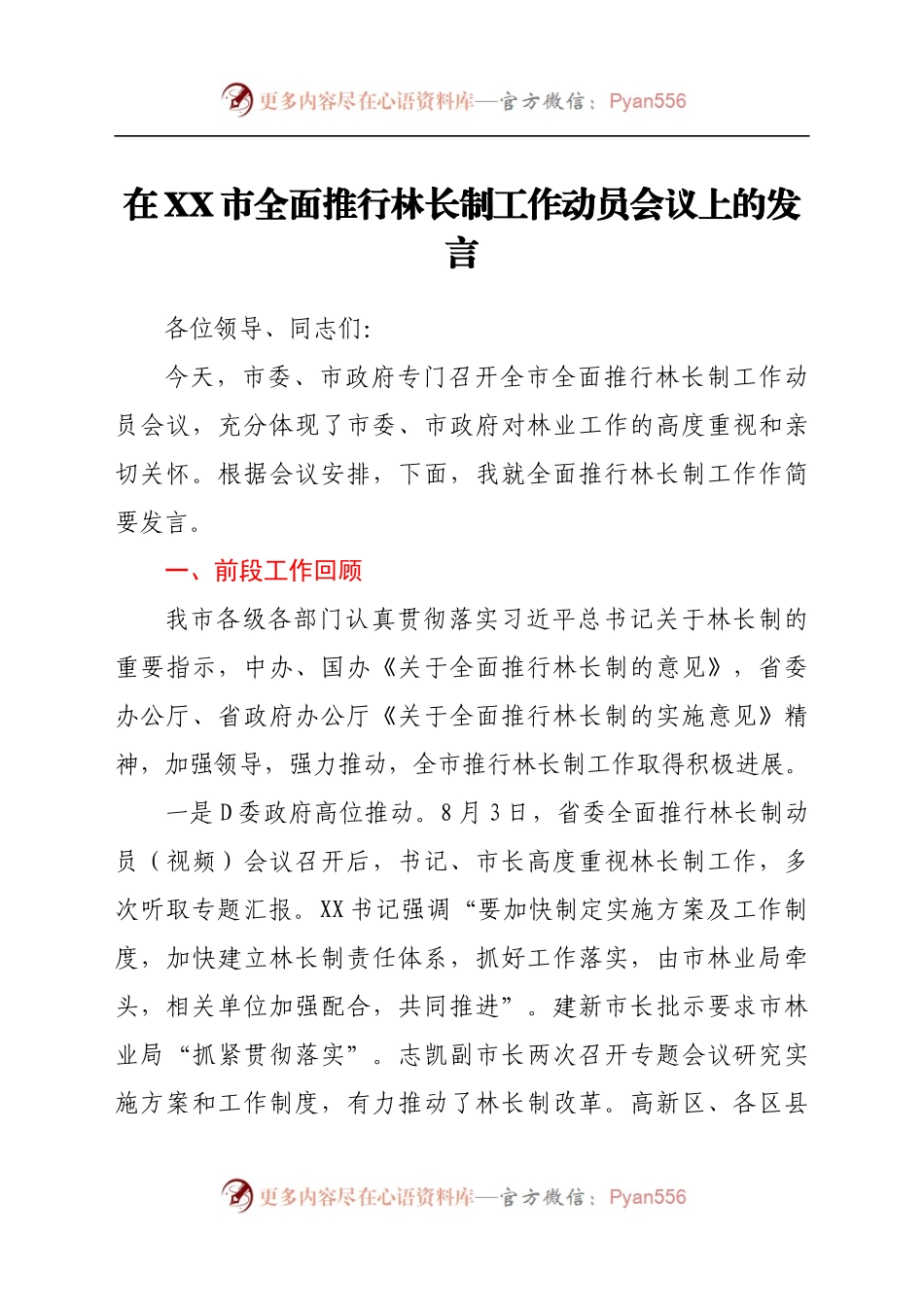 在XX市全面推行林长制工作动员会议上的发言.docx_第1页