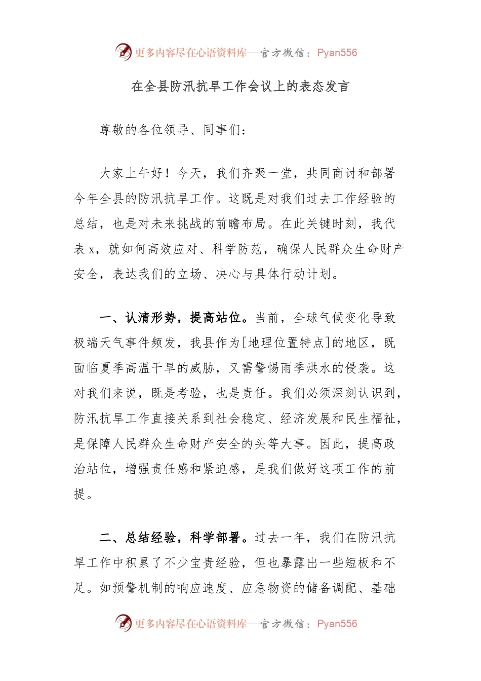 在全县防汛抗旱工作会议上的表态发言.docx_第1页