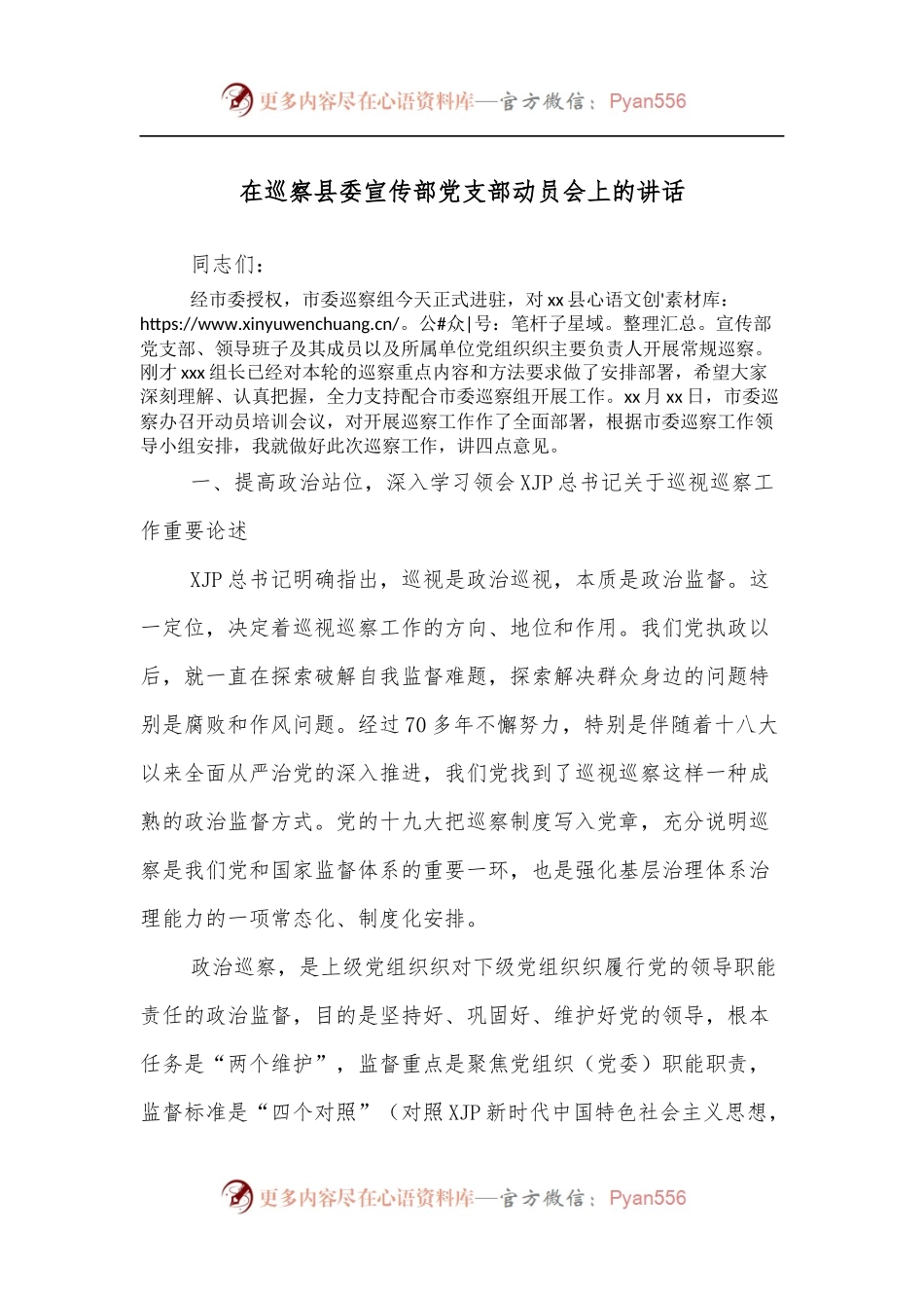 在巡察县委宣传部党支部动员会上的讲话.docx_第1页