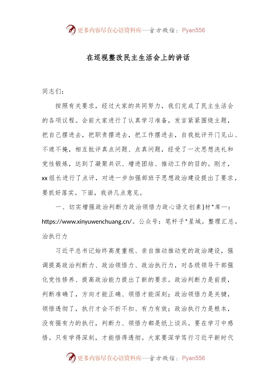 在巡视整改民主生活会上的讲话.docx_第1页