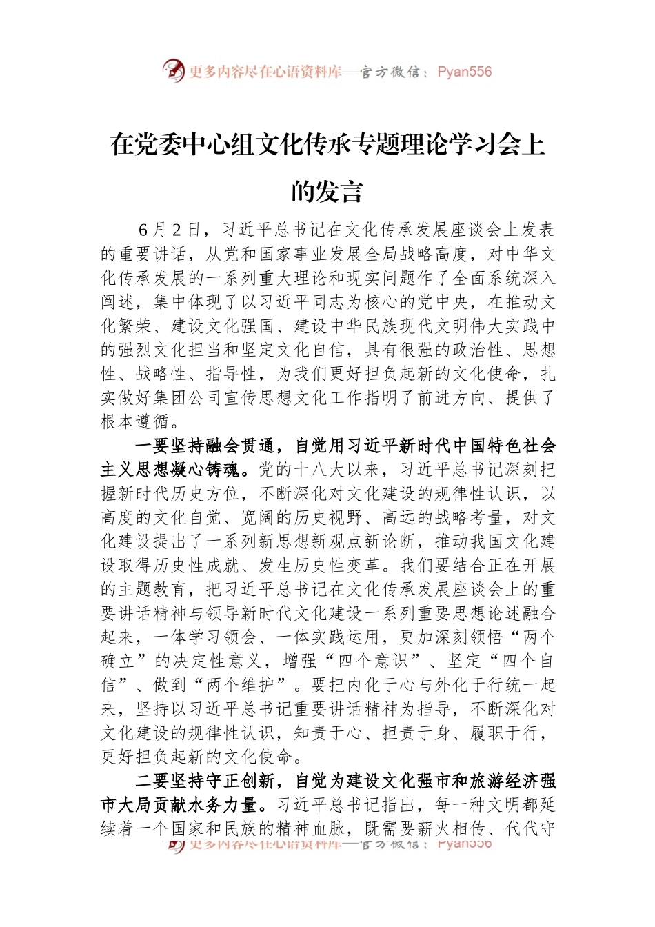在党委中心组文化传承专题理论学习会上的发言.docx_第1页
