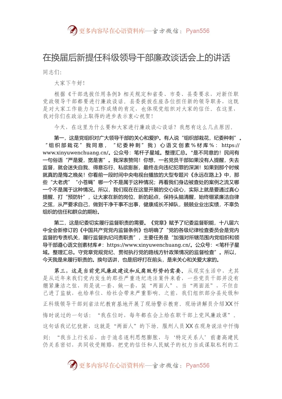 在换届后新提任科级领导干部廉政谈话会上的讲话）..docx_第1页