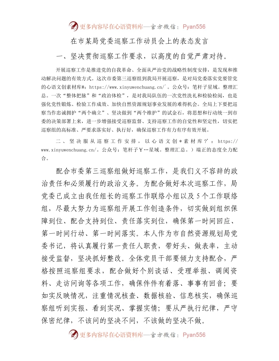 在市某局党委巡察工作动员会上的表态发言.docx_第1页