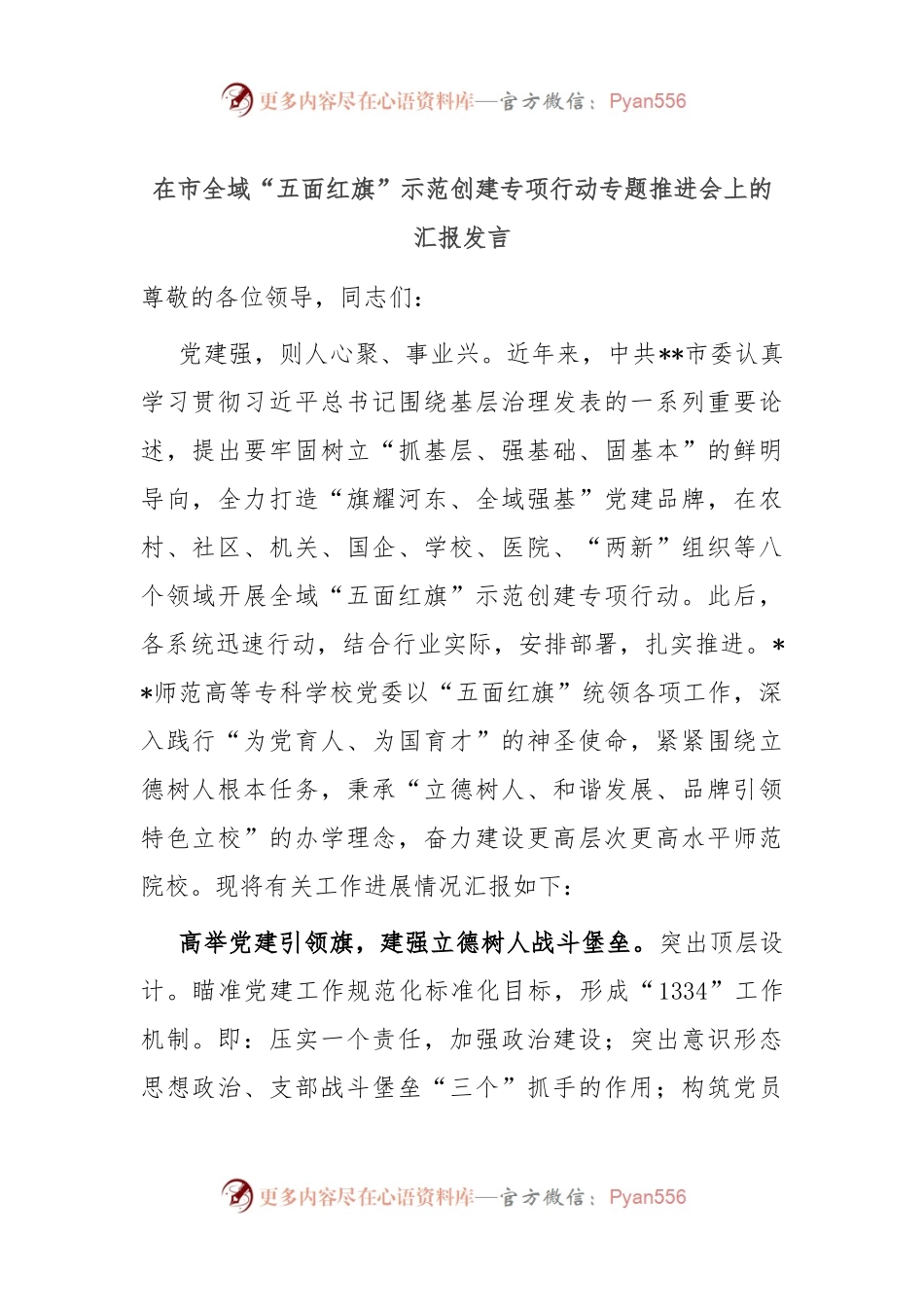 在市全域“五面红旗”示范创建专项行动专题推进会上的汇报发言.docx_第1页