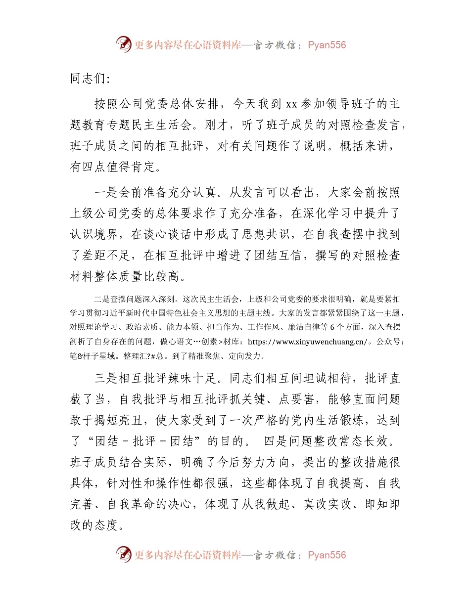 在主题教育专题民主生活会上的点评讲话2500字.docx_第1页