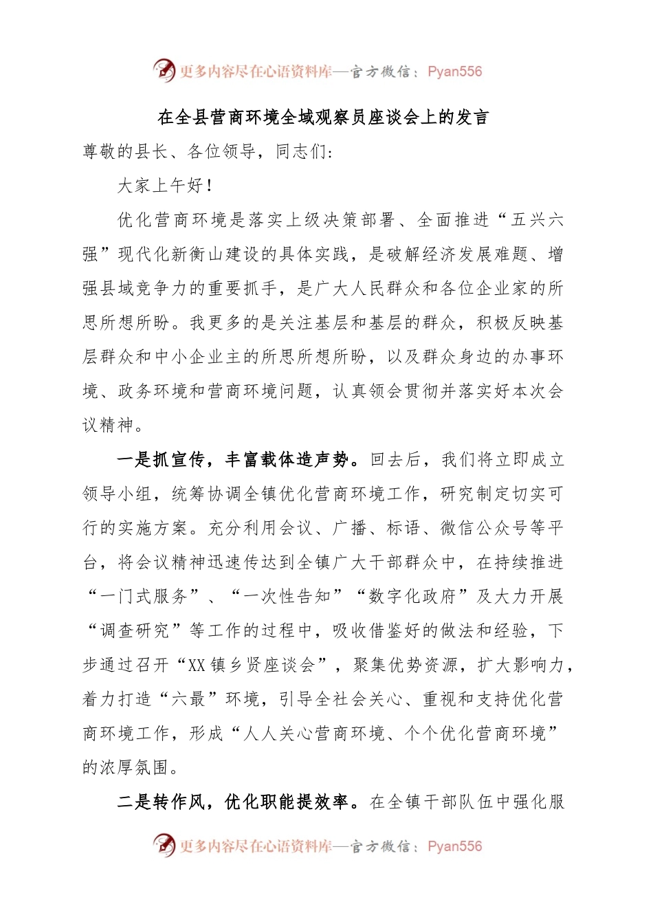 在全县营商环境全域观察员座谈会上的发言.docx_第1页
