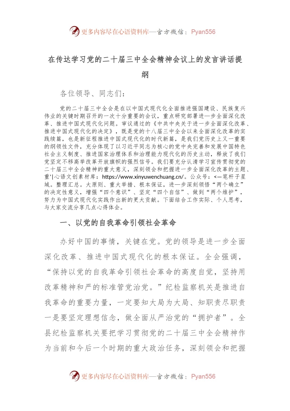 在传达学习党的二十届三中全会精神会议上的发言讲话提纲.docx_第1页