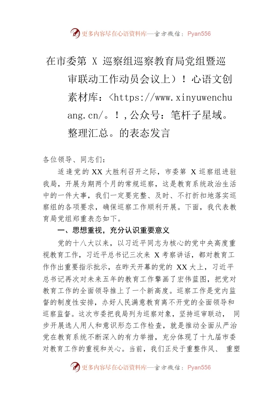 在市委第X巡察组巡察教育局党组暨巡审联动工作动员会议上的表态发言.docx_第1页