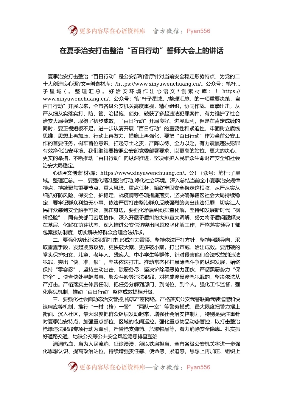 在夏季治安打击整治“百日行动”誓师大会上的讲话.docx_第1页