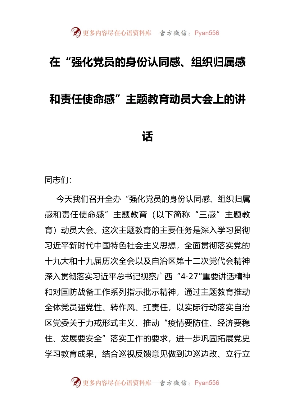 在“强化党员的身份认同感、组织归属感和责任使命感”主题教育动员大会上的讲话.docx_第1页