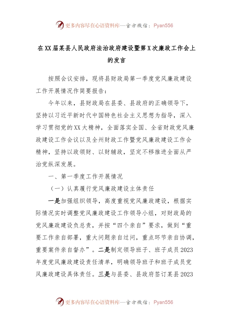在XX届某县人民政府法治政府建设暨第X次廉政工作会上的发言.docx_第1页